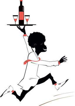 African waiter holds a tray with alcohol drink and glasses