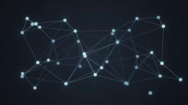 Interconnected glowing nodes drift and link together forming an abstract network in dark space.