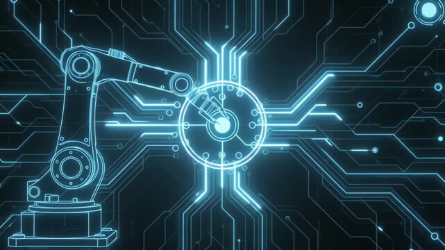 Neon glowing futuristic circuit board design with blue light connections