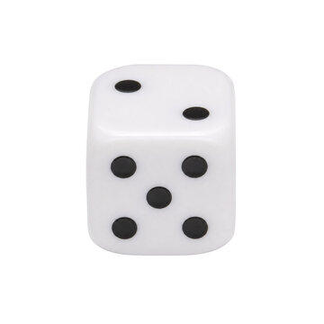 Single white plastic dice with black dots showing the numbers two, three, and five on its visible faces, isolated on a clean white background
