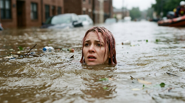 Woman submerged in floodwaters looking distressed.