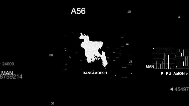 Bangladesh map animation showcasing economy, infrastructure, technology, population, energy, trade, and national development data for presentations, films, documentaries, and motion graphics.
