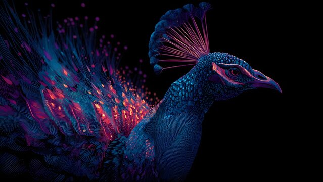 Vibrant neon peacock with glowing bioluminescent feathers on black background