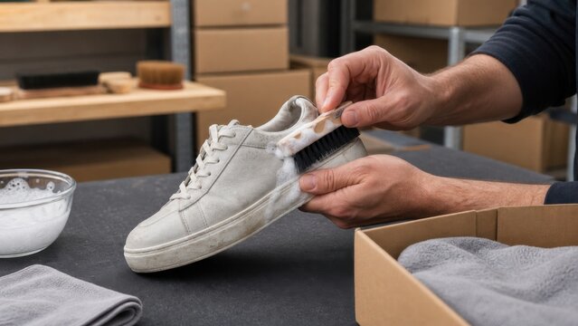 Adult hands carefully cleaning a plain secondhand sneaker for resale, for online retail logistics, resale and sustainable delivery systems