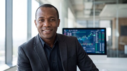 Fototapeta premium Black businessman executive smiling office portrait dashboard professional corporate confident A mature leader smiles warmly at the camera with a financial market screen behind him for commercial use