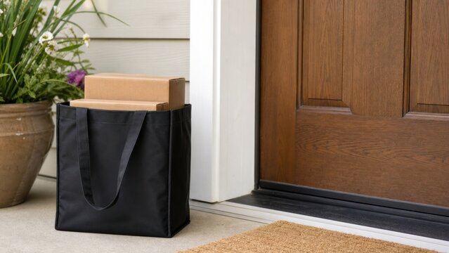 Plain reusable delivery tote placed neatly beside a residential front door, for online retail logistics, resale and sustainable delivery systems
