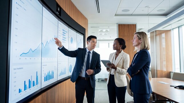 Diverse analysts wall dashboard teamwork office data presentation corporate strategy Three colleagues review a large line graph together while discussing performance in a boardroom for commercial use