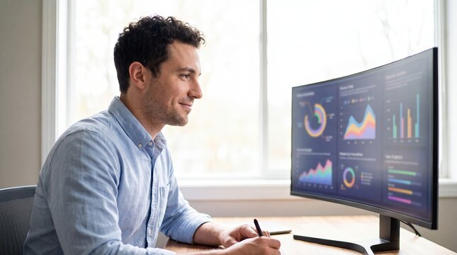 Male data analyst dashboard monitor office professional seated charts focused A young man records observations while tracking colorful performance metrics on a desktop display for corporate campaigns
