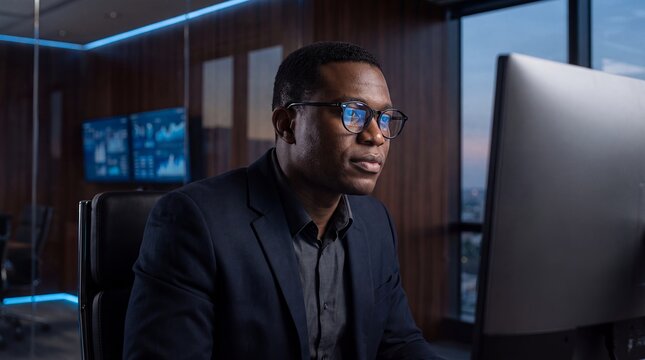 Black businessman glasses data monitor office focused analyst professional dark A concentrated man studies an unseen screen with illuminated dashboards glowing behind him for business communications