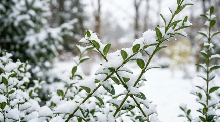 Naklejka premium Fresh snow covering green leaves during early autumn cold snap, sudden frost on evergreen shrub branches in garden.