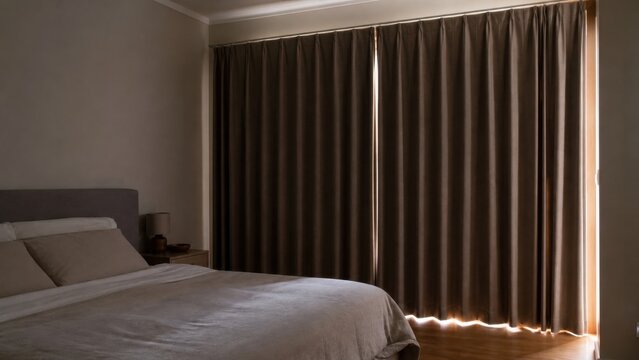 Thermal blackout curtains closed against intense afternoon sun, ideal for bedroom cooling, energy savings and summer comfort