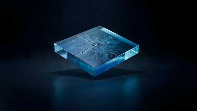 Sapphire crystal circuit board hovering over surface &ndash; Suitable for software development, IT systems, or modern tech marketing.