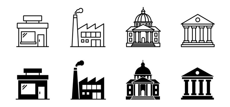 Public and commercial building vector icon set featuring shop, factory, government, and bank symbols in line and filled styles for web UI design.