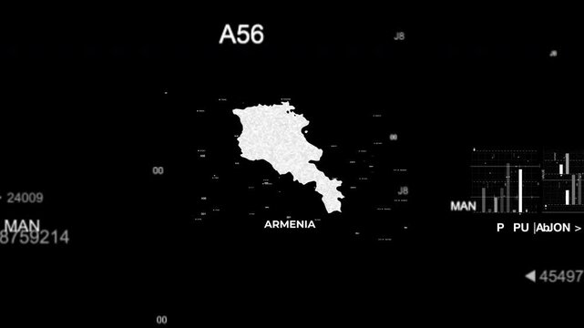 Armenia map animation showcasing economy, infrastructure, technology, population, energy, trade, and national development data for presentations, films, documentaries, and motion graphics.