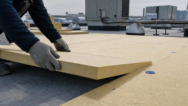 Gloved hands installing rigid roof insulation on a warehouse, ideal for commercial energy retrofits and efficient summer cooling