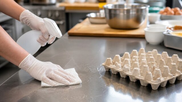 Gloved hands cleaning a preparation area after handling eggs, ideal for food allergy awareness, safe preparation and cross-contact prevention