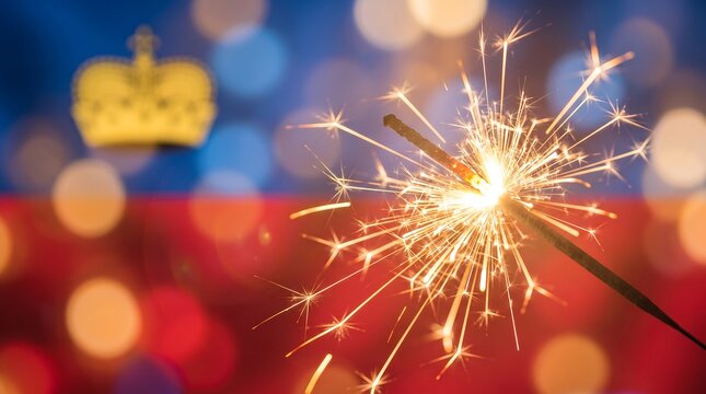 Burning sparkler macro shot against blurred Liechtenstein national flag background with warm golden bokeh lights