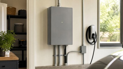 Naklejka premium Closed smart load center managing electrified household loads, ideal for electric homes, vehicle charging and grid resilience