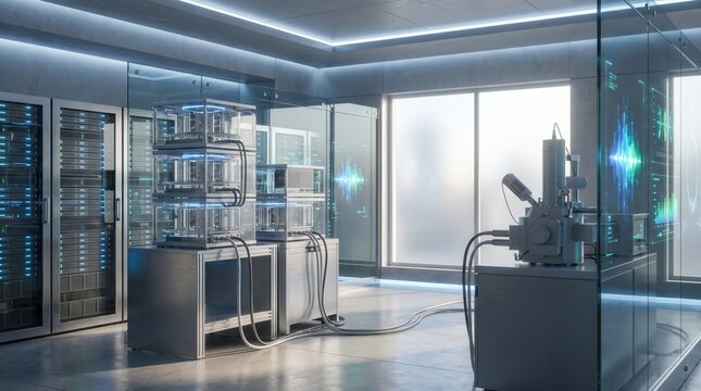 Modern engineering and physics laboratory setup featuring specialized testing equipment, optical components, and laser technology on sturdy workbenches.