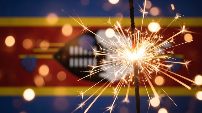 Burning sparkler macro shot with Eswatini flag bokeh background for national holiday celebration