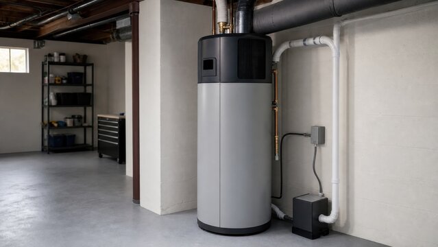 Heat-pump water heater installed in a clean utility room, ideal for home electrification, EV charging, clean energy and resilient power systems