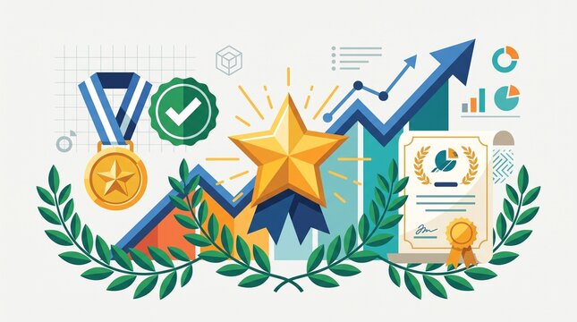 Employee recognition with star badge, rising performance chart, medal, certificate and laurel leaves, professional achievement concept in flat vector illustration.