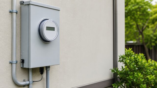 Generic smart electricity meter installed on a plain home exterior wall, ideal for electric homes, vehicle charging and grid resilience