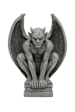 Detailed gray stone gargoyle statue with large wings and horns, crouching menacingly on a pedestal against a clean white background