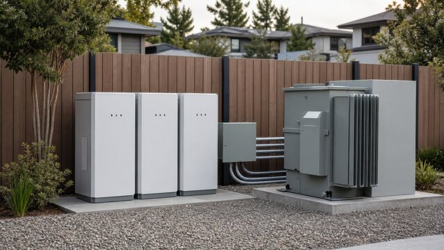 Compact community battery storage cabinets beside a distribution transformer, for electric homes, vehicle charging and grid resilience