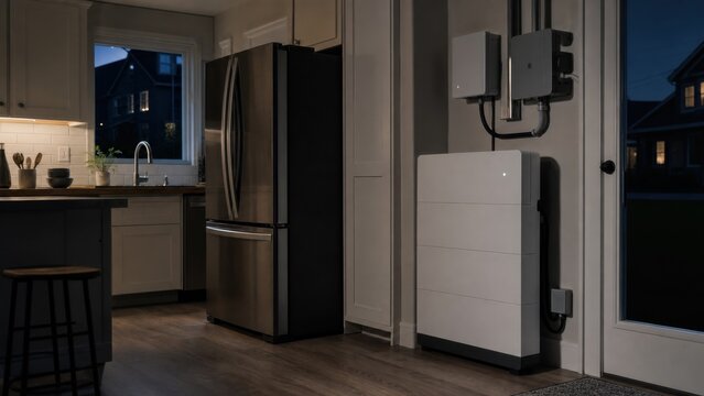 Home battery keeping essential lights and refrigerator operating during a calm evening outage, useful commercial concept with copy space