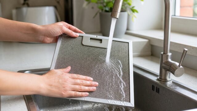 Hands washing a metal mesh range hood filter in a kitchen sink, ideal for appliance maintenance, ventilation and cleaner indoor air