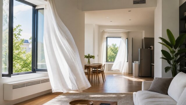 Open windows and moving curtains creating natural cross ventilation in a bright home, ideal for fresh air and healthy living