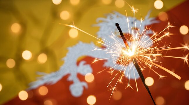 Burning sparkler with golden sparks against blurred Bhutan national flag background and warm festive bokeh lights