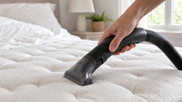 Handheld vacuum cleaning a bedroom mattress surface, ideal for dust control, allergy prevention, home hygiene and healthy sleep