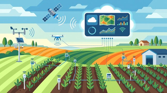Smart agriculture IoT system connecting soil sensors, weather monitoring, irrigation and cloud analytics, precision farming technology in flat vector style.