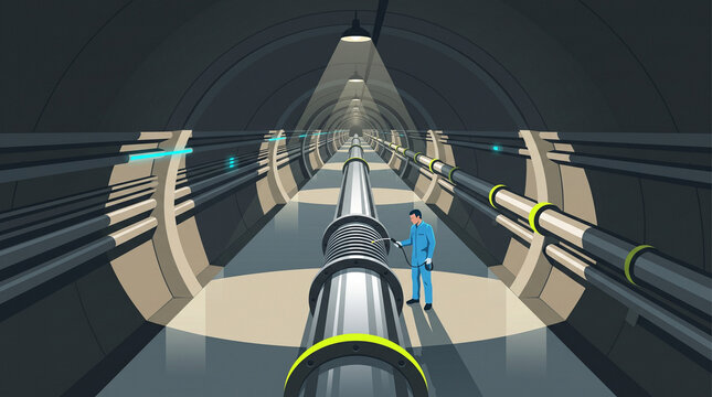 Isometric Vector Particle Accelerator Synchrotron Beamline Tunnel and Engineer
