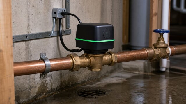 Automatic water shutoff valve installed on a residential main pipe, ideal for leak protection, smart homes and property safety