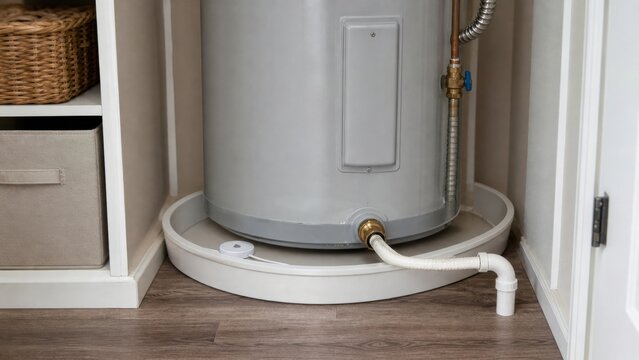 Water heater above a clean drain pan with a compact leak sensor, ideal for utility room safety and water damage prevention