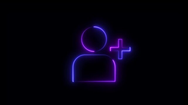 Glowing profile add user icon animation on black background .Looped Neon Lines abstract contact with add friend icon animation plus sign add member head face people man profile animated ..