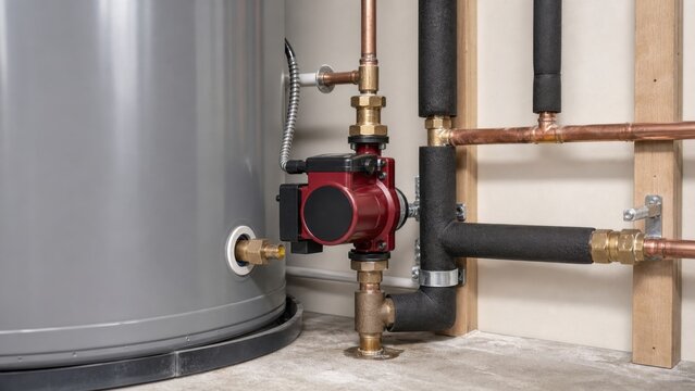 Hot water recirculation pump installed beside a residential heater, ideal for faster delivery, resource savings and efficient homes