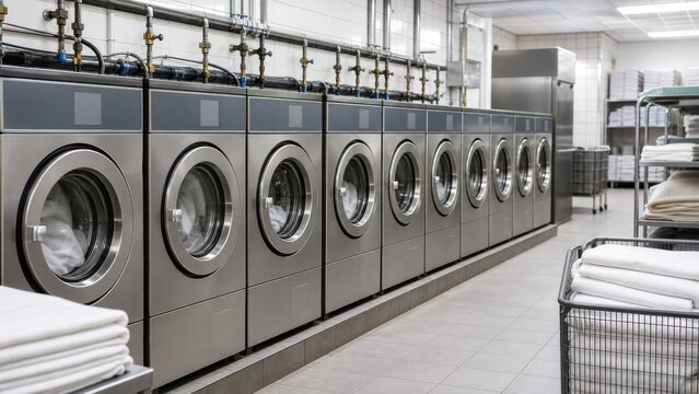 Rows of high efficiency washing machines in a clean hotel laundry, ideal for hospitality operations and commercial water savings