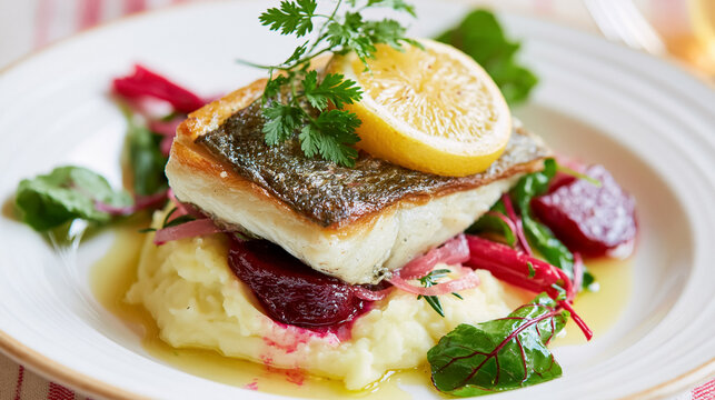 Pan seared fish fillet resting on mashed potatoes with vibrant beetroot and herbs, garnished with a lemon slice for a healthy meal