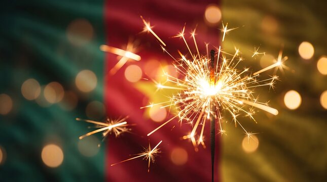 Glowing sparkler firework in front of blurred Cameroon flag for national day celebration with bokeh