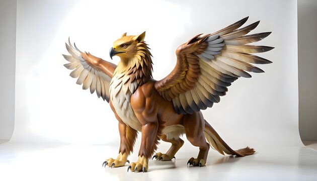 Mythical Griffin with Golden Wings on White Background