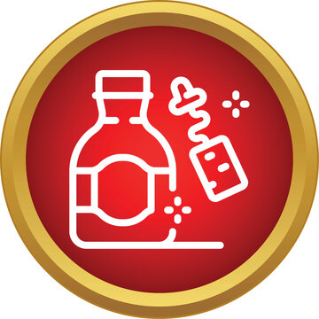 Beverage bottle icon with attached price tag and sparkles on a red circular background