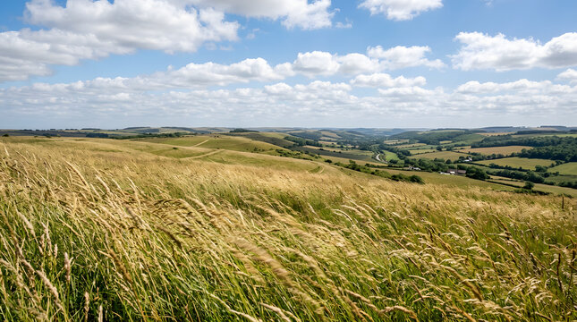 A sweeping view of rolling green hills and harvested fields under a bright blue sky filled with scattered white cumulus clouds
