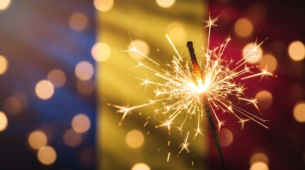 Fototapeta premium Macro shot of a burning festive sparkler against blurred flag and golden bokeh light background