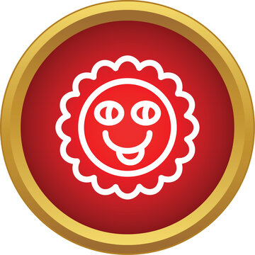 Playful sun icon showing a happy face in a red round button
