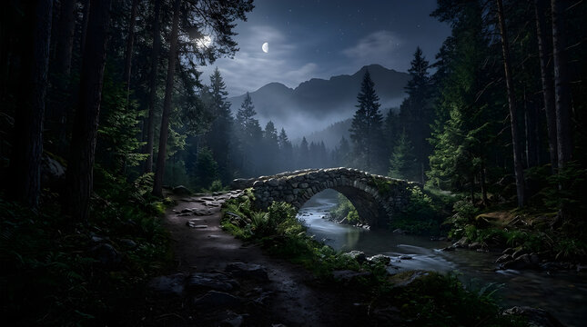 Stone bridge over a misty forest stream under a bright full moon at night.