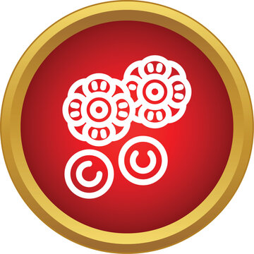 Cookies and donut holes in a flat style red circle button with a golden frame